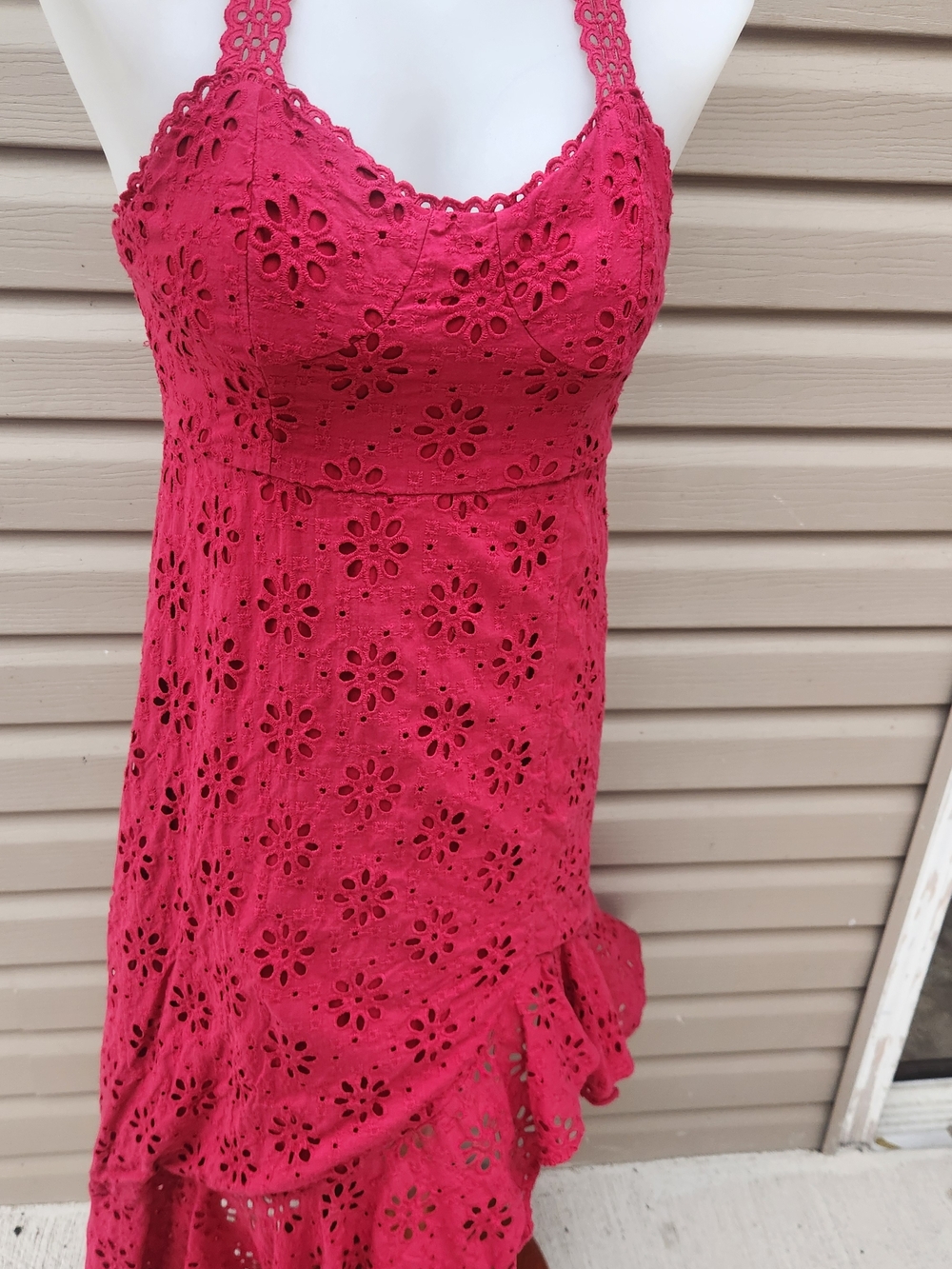 Lulu's Crimson Eyelet Asymmetrical Midi Dress Medium - Picture 8 of 15